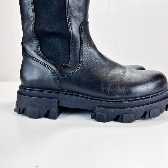 Steve Madden Esma Knee High Boots Sz 10 Black Leather Biker Grunge Retro Chunky