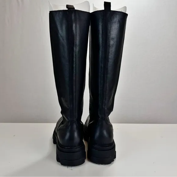 Steve Madden Esma Knee High Boots Sz 10 Black Leather Biker Grunge Retro Chunky