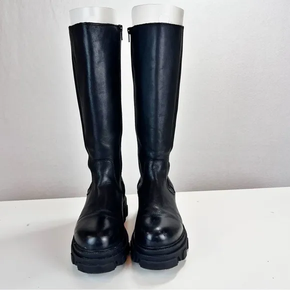Steve Madden Esma Knee High Boots Sz 10 Black Leather Biker Grunge Retro Chunky