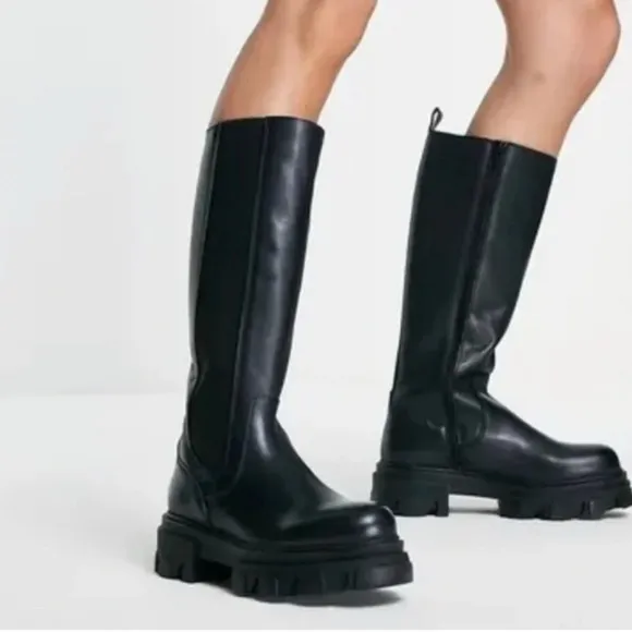 Steve Madden Esma Knee High Boots Sz 10 Black Leather Biker Grunge Retro Chunky