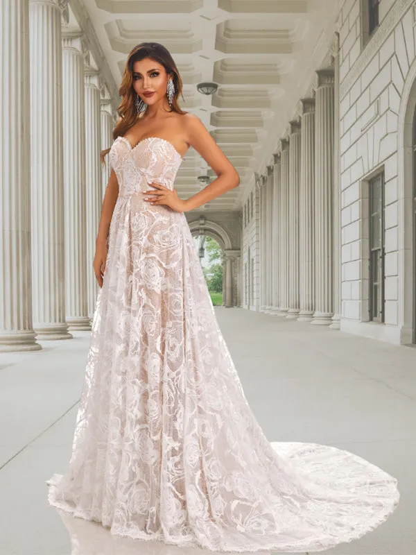 Strapless Sweetheart Lace Up Back Simple Floral Lace A-line Long Wedding Dress, WD3091