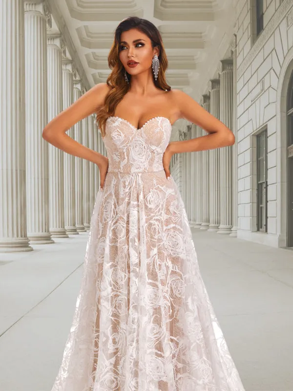 Strapless Sweetheart Lace Up Back Simple Floral Lace A-line Long Wedding Dress, WD3091
