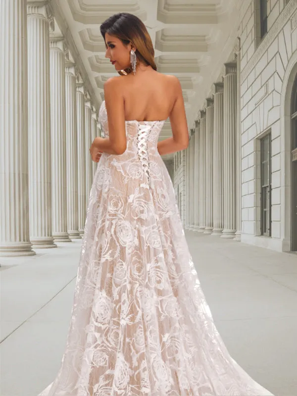 Strapless Sweetheart Lace Up Back Simple Floral Lace A-line Long Wedding Dress, WD3091