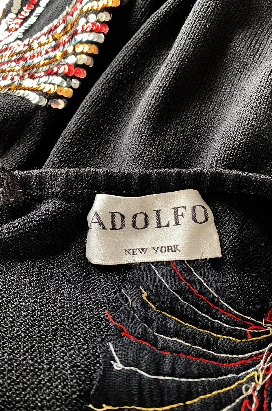 Stunning 1970s Adolfo Black Knit w Sequin & Rhinestone Detailing Dress
