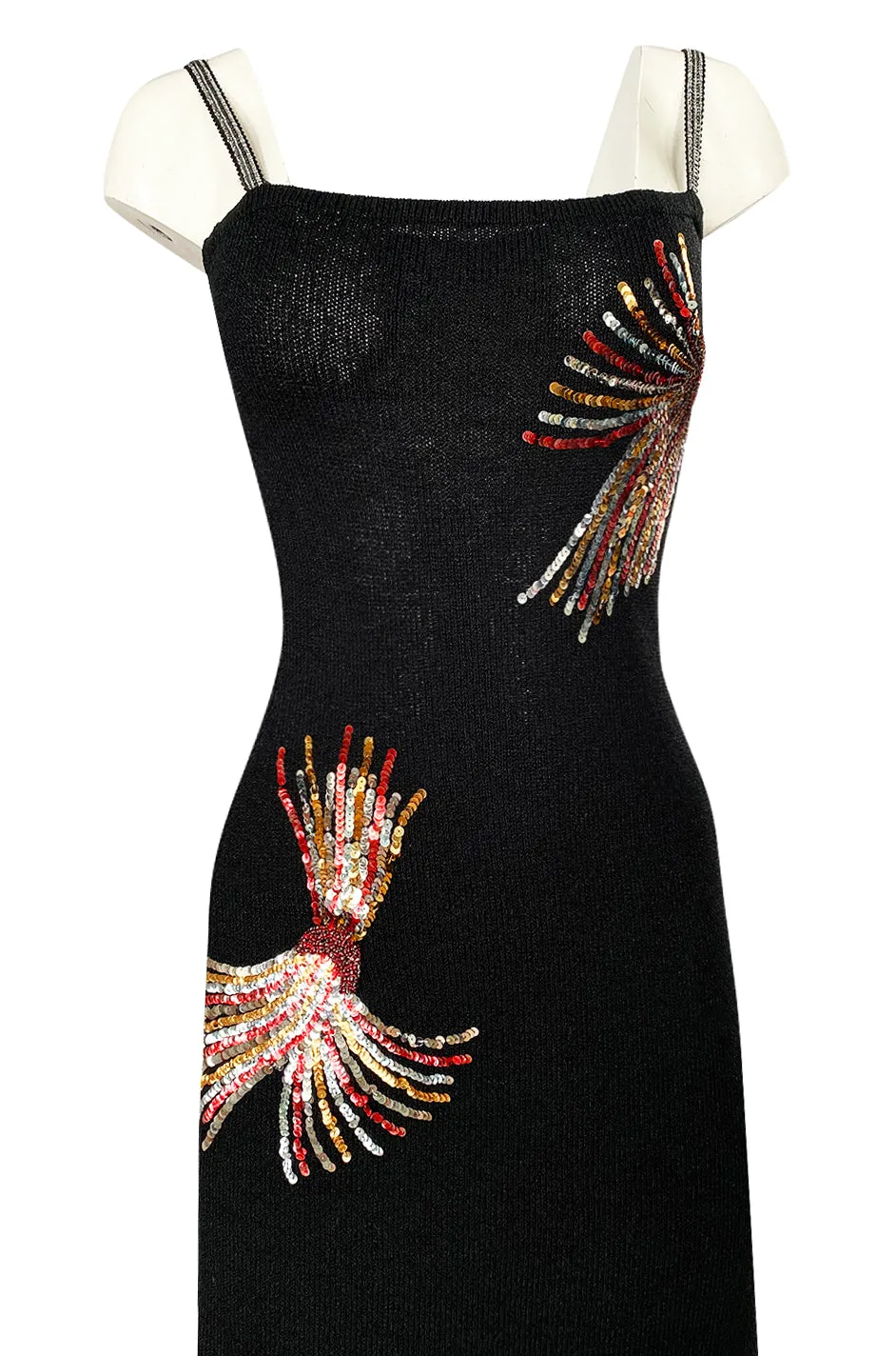 Stunning 1970s Adolfo Black Knit w Sequin & Rhinestone Detailing Dress