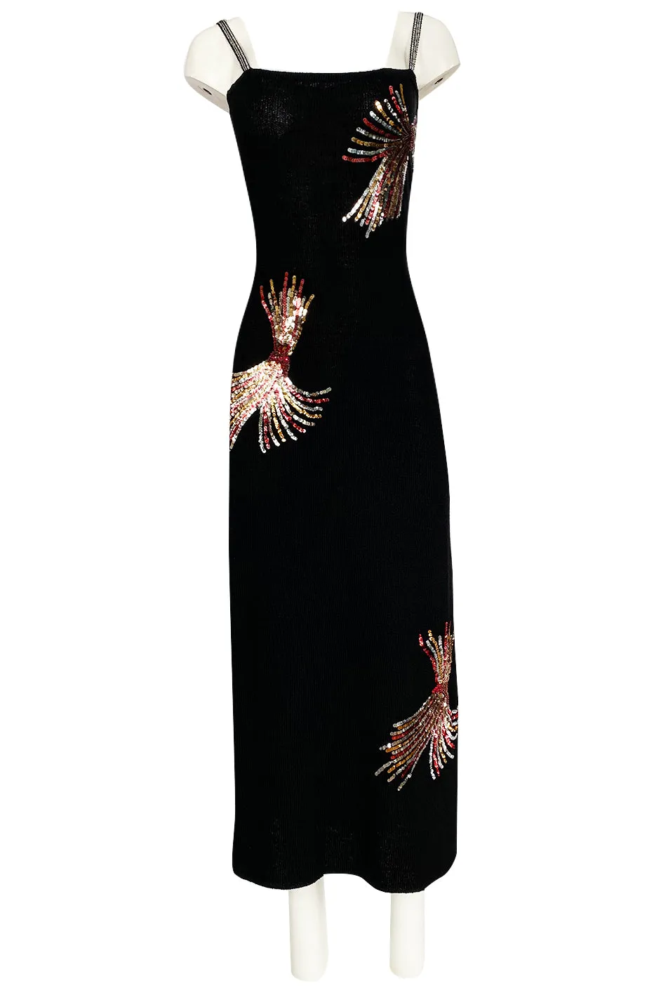 Stunning 1970s Adolfo Black Knit w Sequin & Rhinestone Detailing Dress
