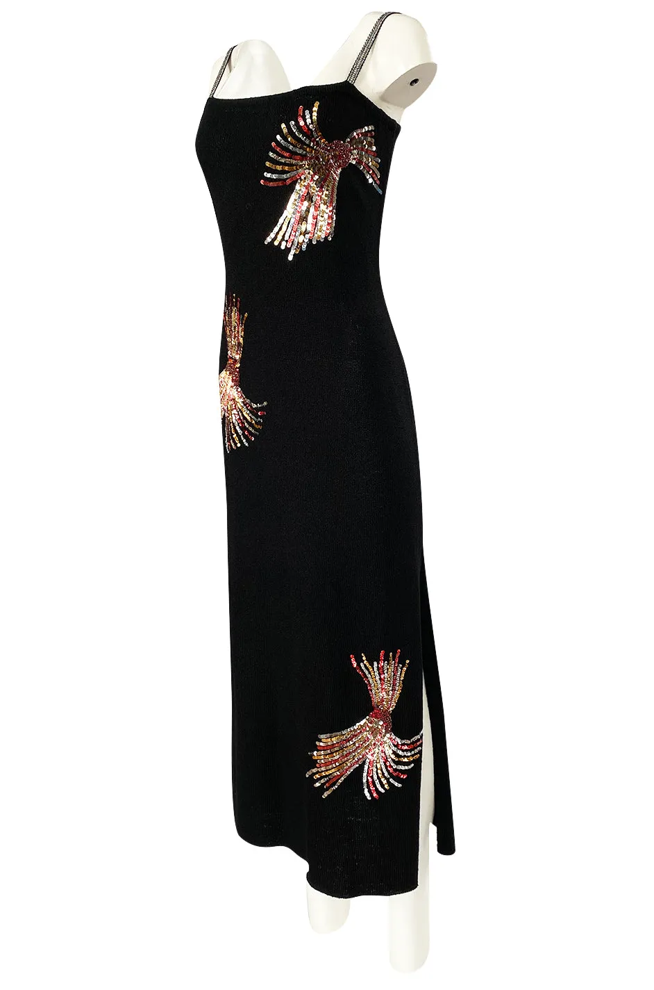 Stunning 1970s Adolfo Black Knit w Sequin & Rhinestone Detailing Dress