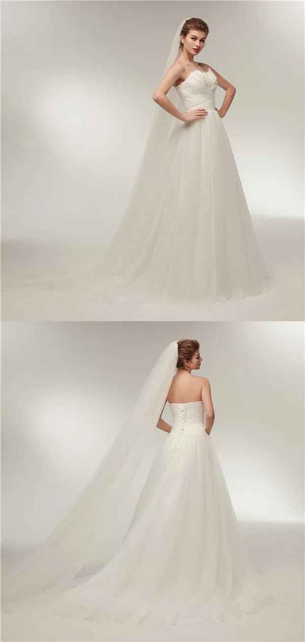 Sweetheart Ivory Tulle Lace up back Wedding Dresses With Train, WD0458