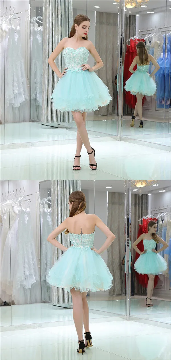 Sweetheart Lace Appliques Beading Short Tulle Homecoming Dresses, HD0498