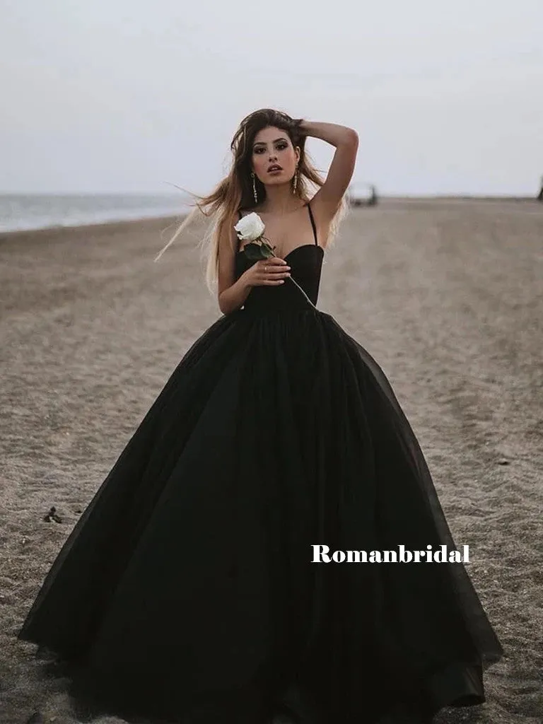 Sweetheart Spaghetti Straps Long Black Simple Prom Dresses, PD0825
