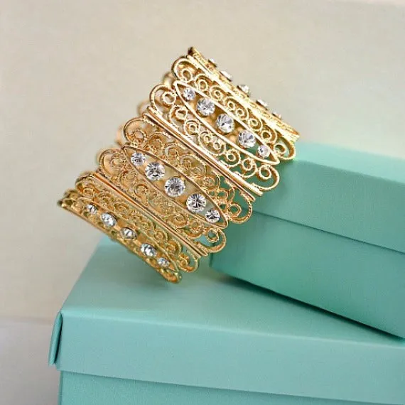 Swirl Scroll Art Deco Rhinestone Bridal Cuff Bracelet, OOAK Crystal Wedding Cuff, Bridesmaid Bracelet, Victorian Rhinestones Link Bracelet