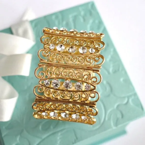 Swirl Scroll Art Deco Rhinestone Bridal Cuff Bracelet, OOAK Crystal Wedding Cuff, Bridesmaid Bracelet, Victorian Rhinestones Link Bracelet