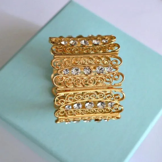 Swirl Scroll Art Deco Rhinestone Bridal Cuff Bracelet, OOAK Crystal Wedding Cuff, Bridesmaid Bracelet, Victorian Rhinestones Link Bracelet