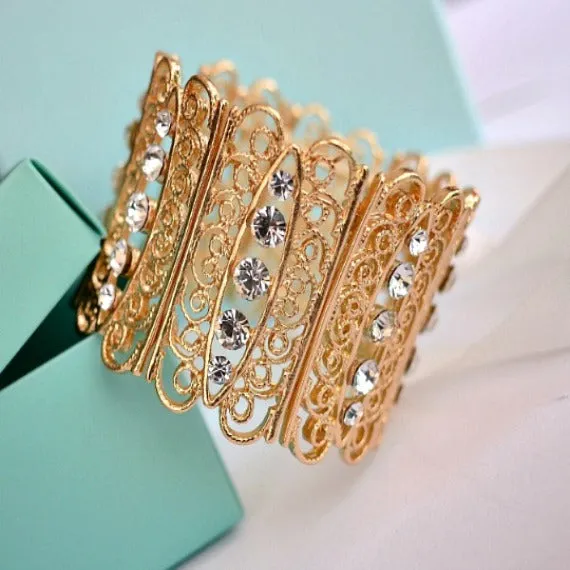 Swirl Scroll Art Deco Rhinestone Bridal Cuff Bracelet, OOAK Crystal Wedding Cuff, Bridesmaid Bracelet, Victorian Rhinestones Link Bracelet