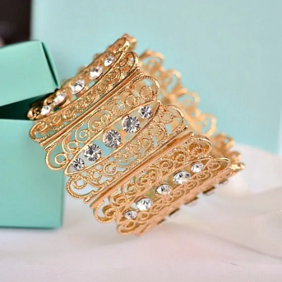 Swirl Scroll Art Deco Rhinestone Bridal Cuff Bracelet, OOAK Crystal Wedding Cuff, Bridesmaid Bracelet, Victorian Rhinestones Link Bracelet