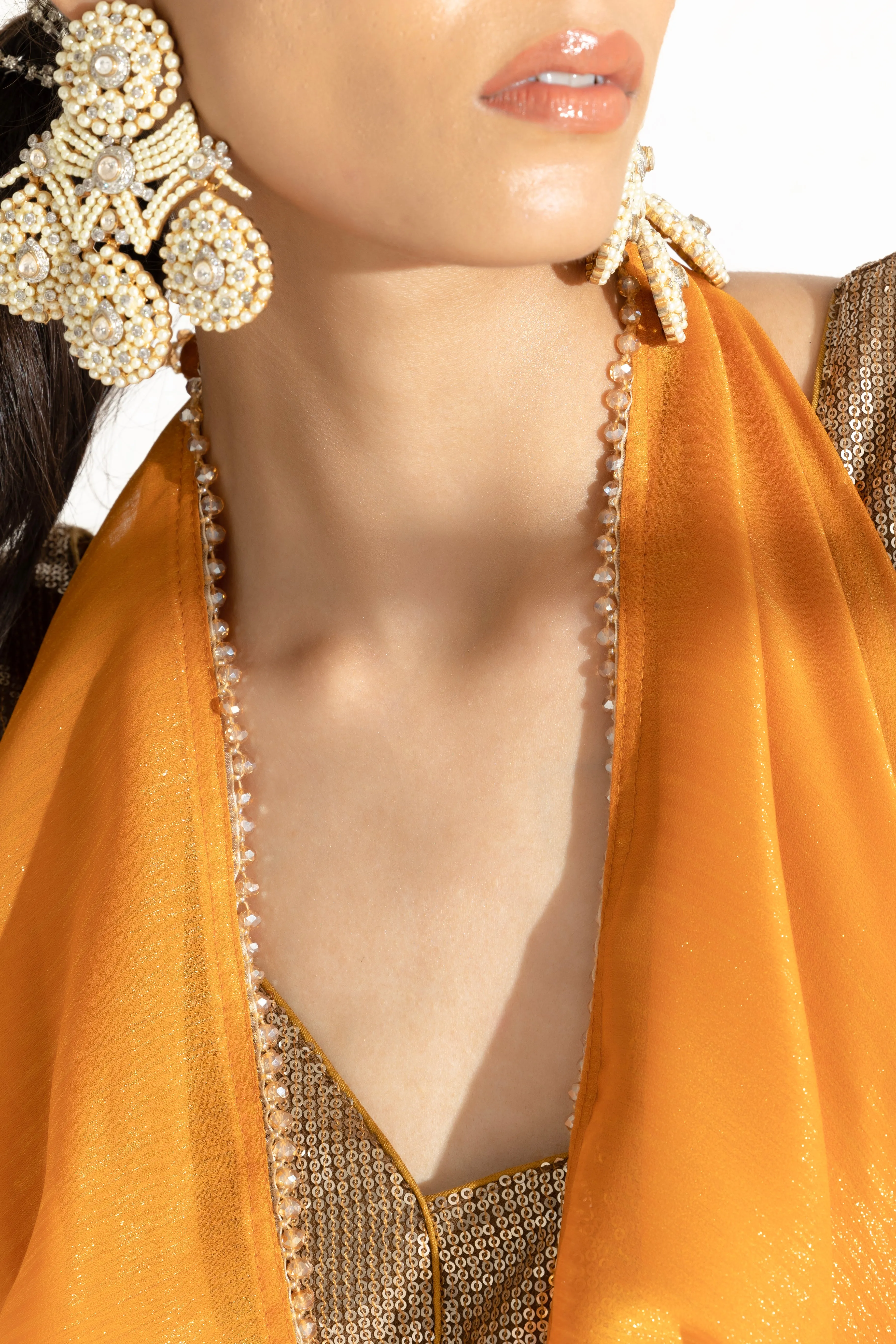 Tahiti yellow Gold texture Chiffon Saree with Beaded lace and Self Blouse Fabric