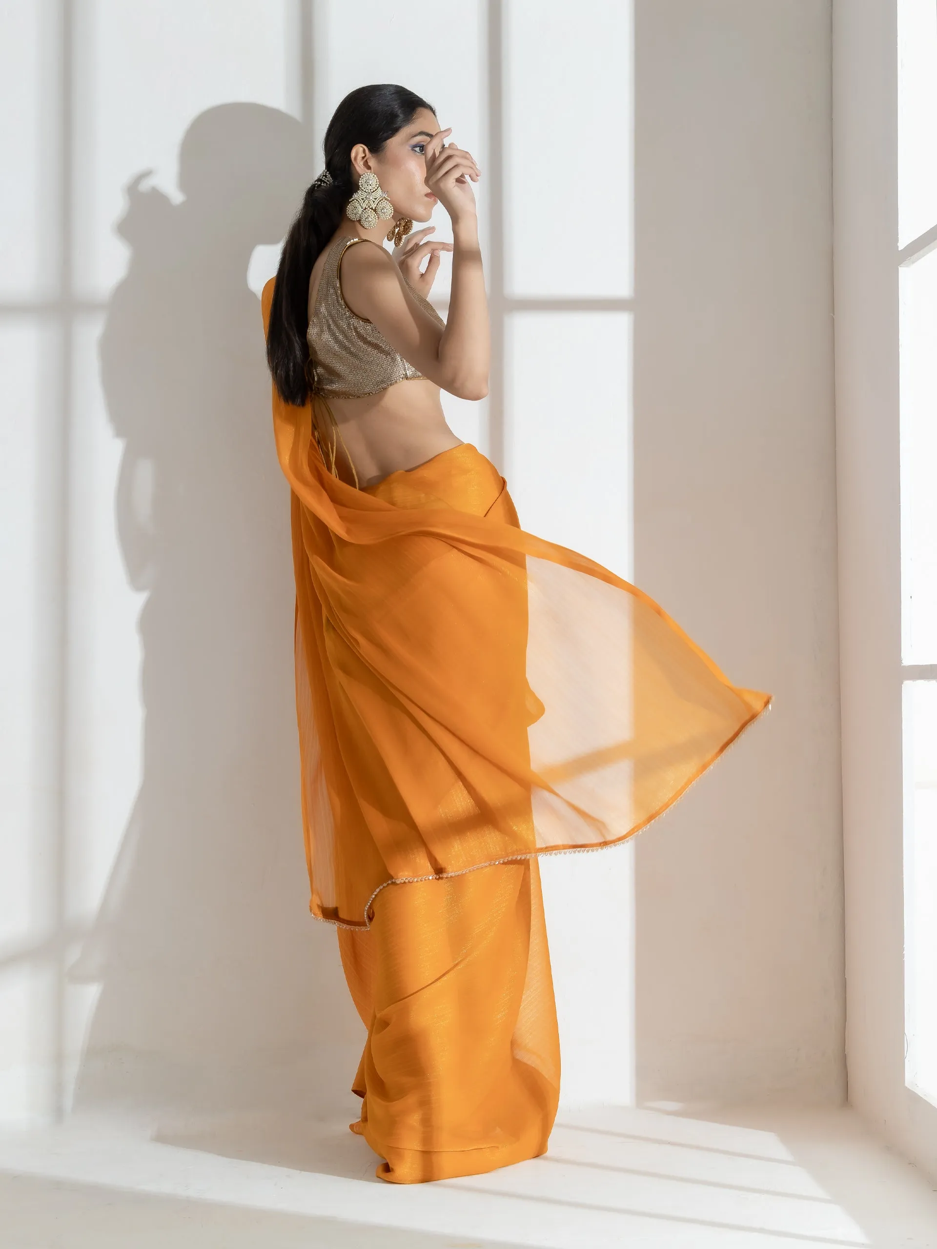 Tahiti yellow Gold texture Chiffon Saree with Beaded lace and Self Blouse Fabric