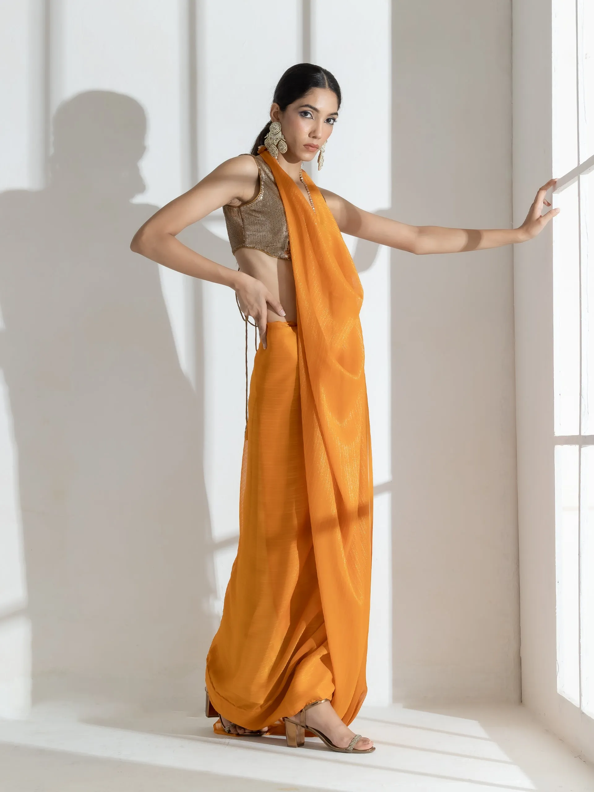Tahiti yellow Gold texture Chiffon Saree with Beaded lace and Self Blouse Fabric