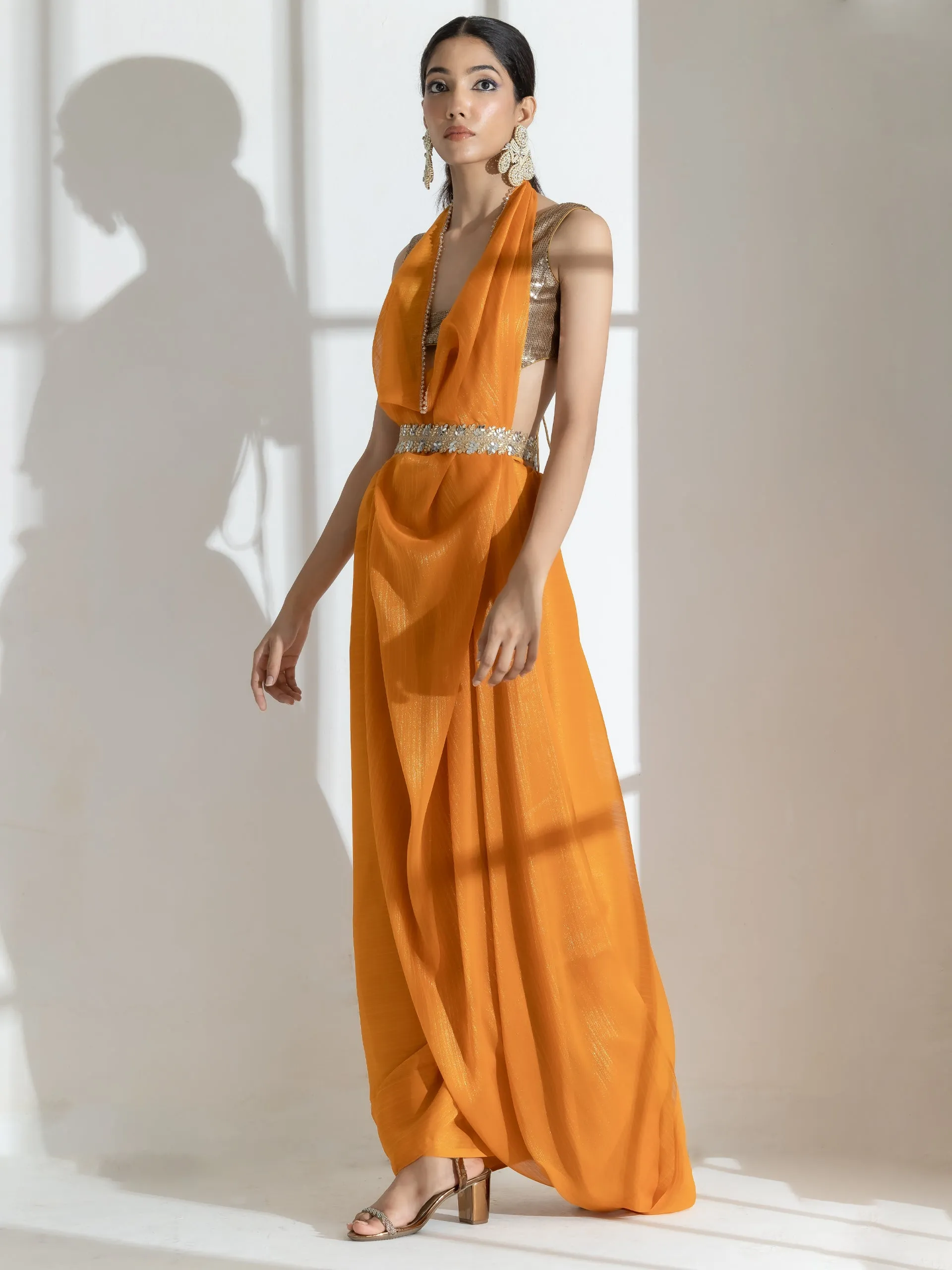 Tahiti yellow Gold texture Chiffon Saree with Beaded lace and Self Blouse Fabric
