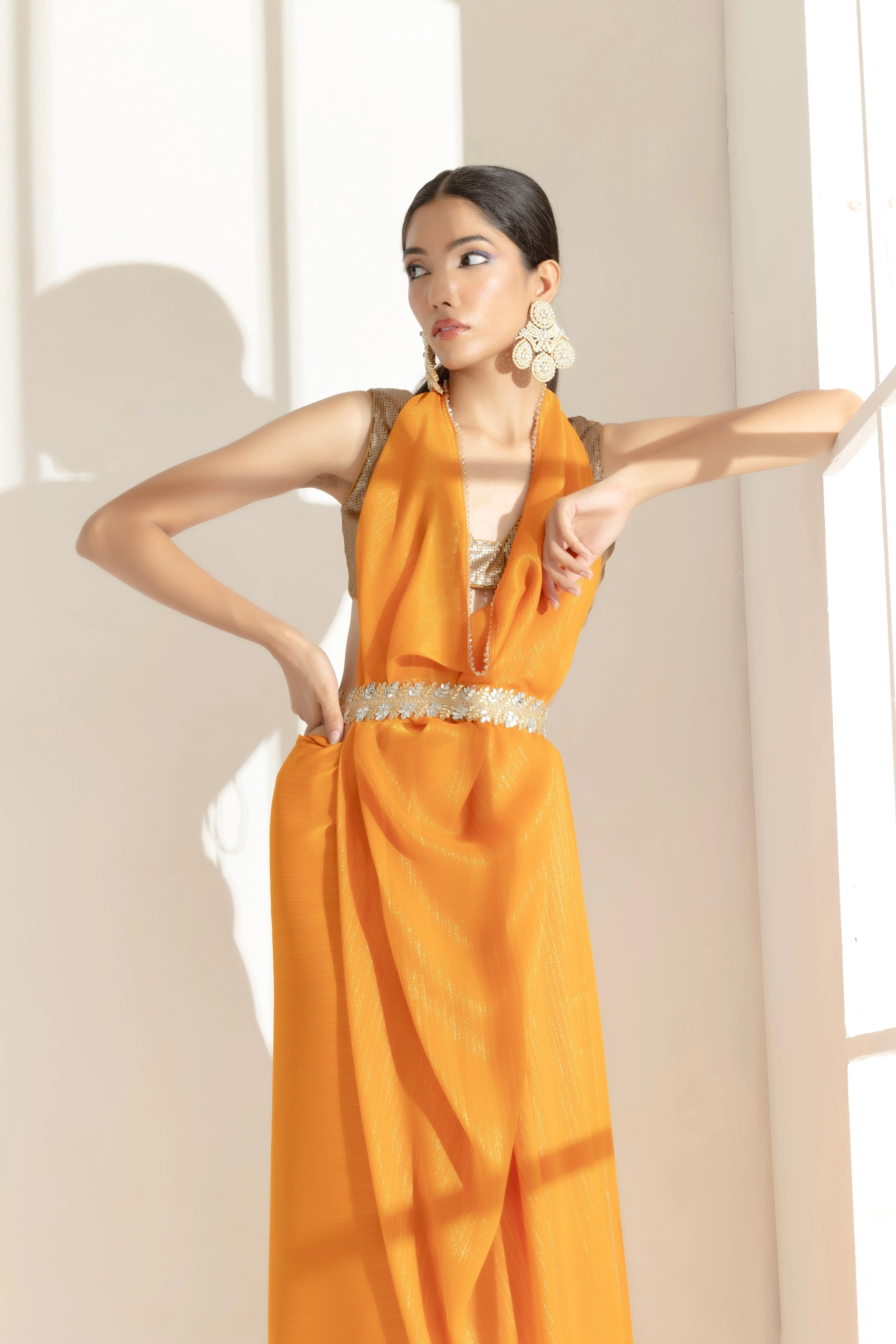 Tahiti yellow Gold texture Chiffon Saree with Beaded lace and Self Blouse Fabric