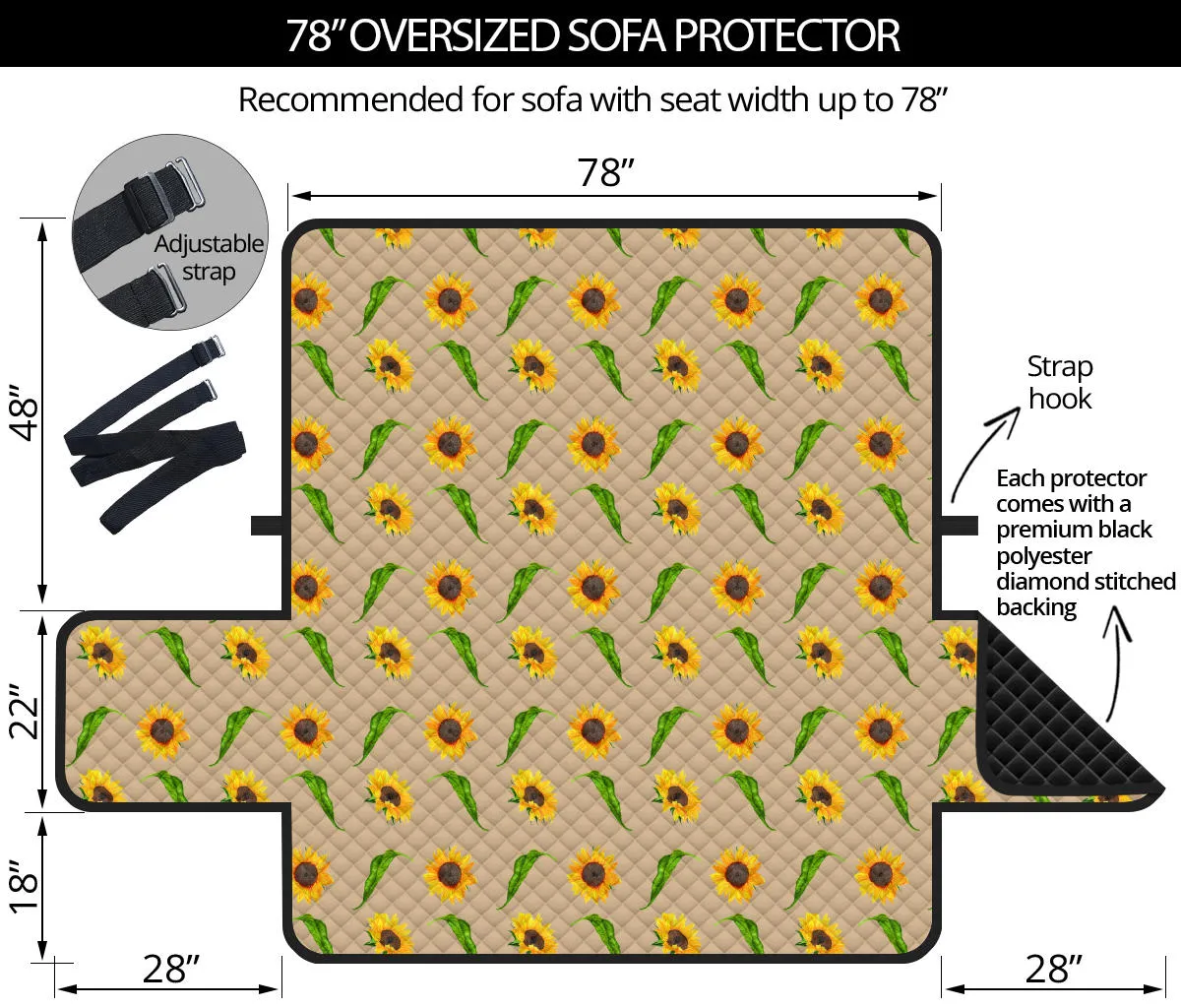 Tan With Rustic Sunflower Pattern 78" Seat Width Sofa Protector Couch Slip Cover