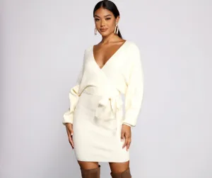 Tie Front Wrap Charming Mini Sweater Dress