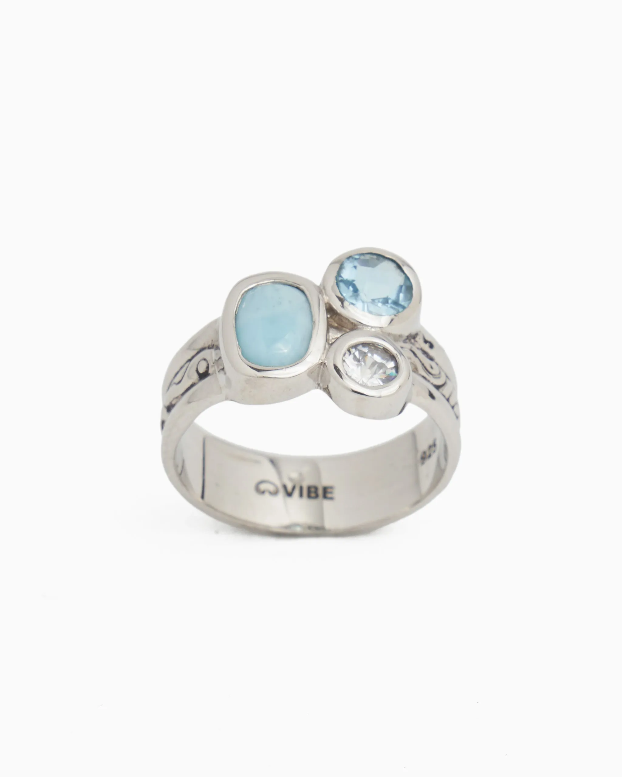 Triple Stone Ring with Reef Texture - Hampton Blue Topaz/Larimar/White Zircon