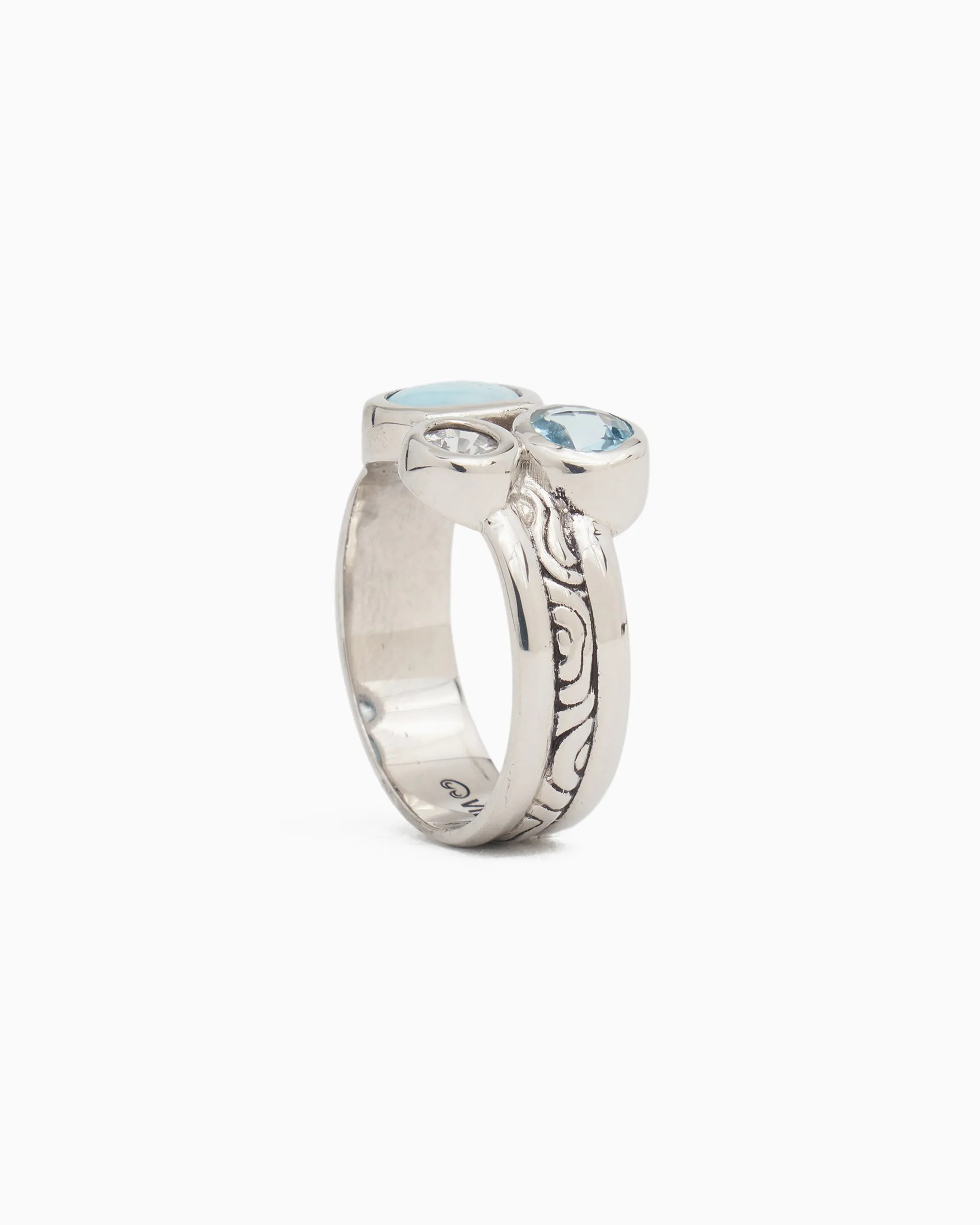 Triple Stone Ring with Reef Texture - Hampton Blue Topaz/Larimar/White Zircon