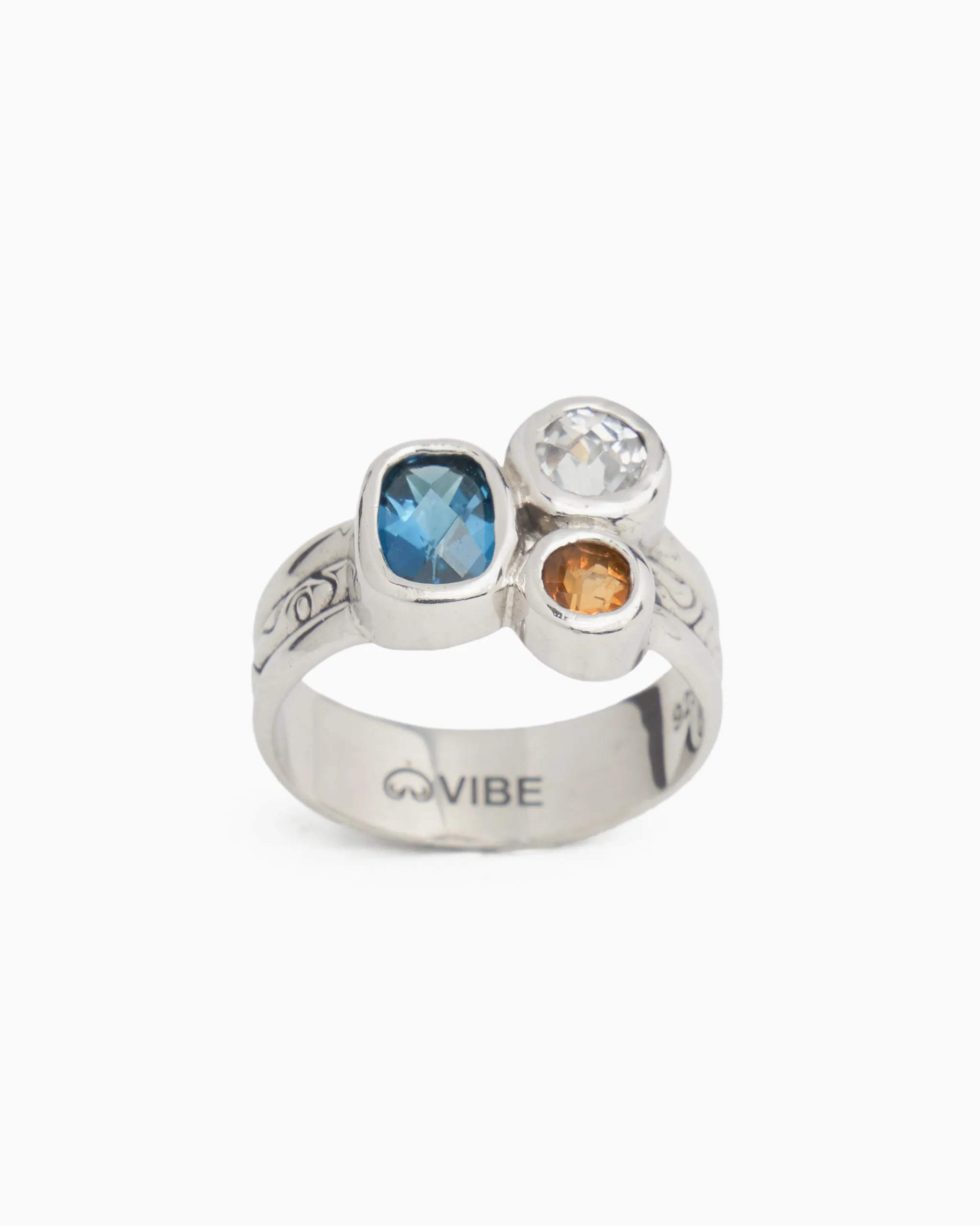 Triple Stone Ring with Reef Texture - London Blue Topaz/Citrine/White Zircon