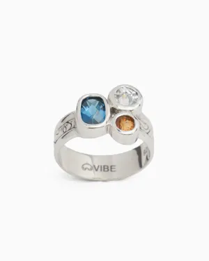 Triple Stone Ring with Reef Texture - London Blue Topaz/Citrine/White Zircon