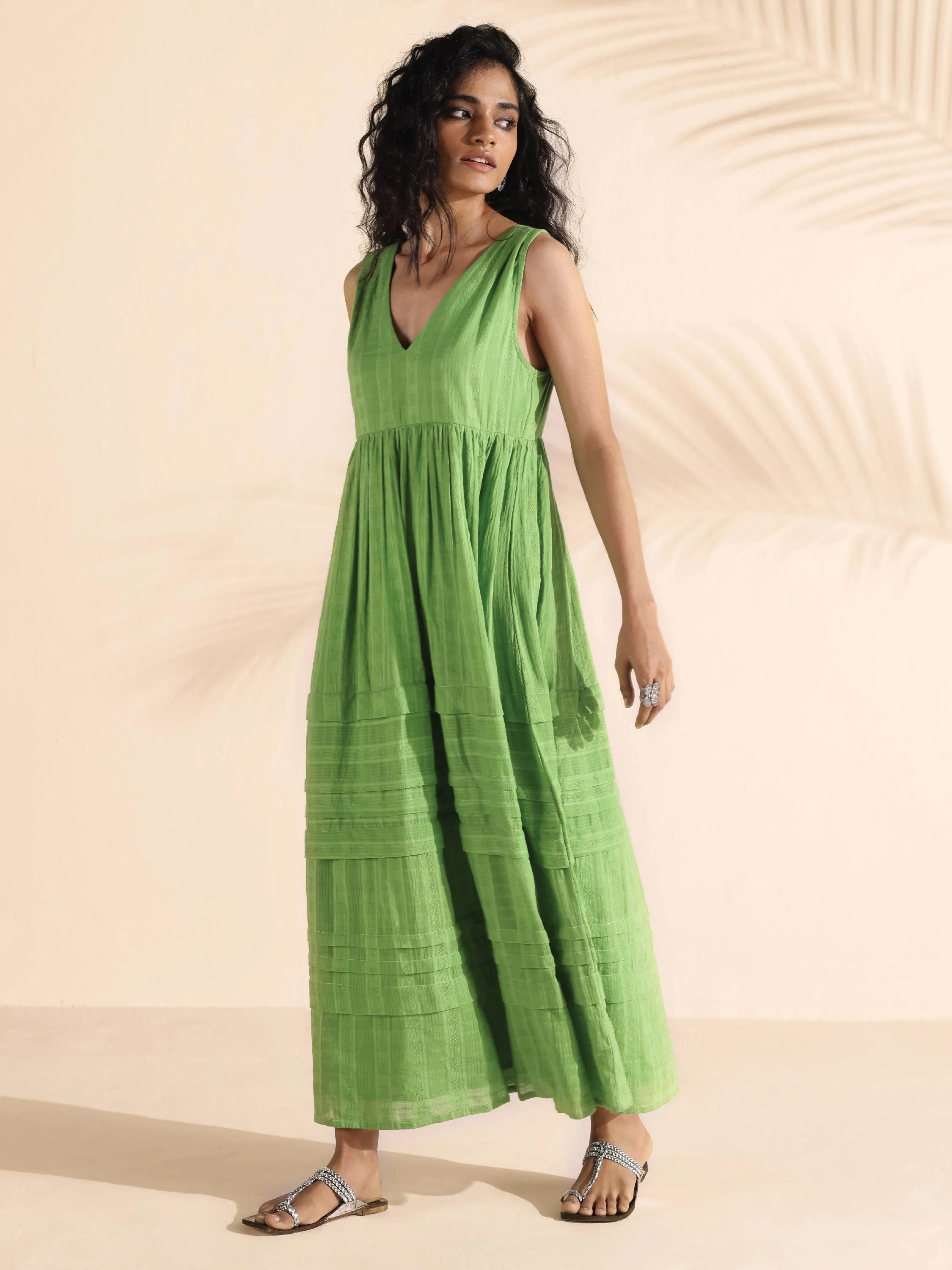 trueBrowns Green Cotton Dobby Yoke Dress