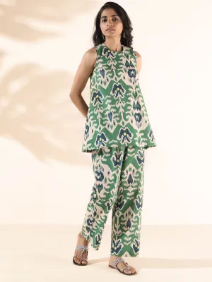 trueBrowns Green Cotton Ikat Sleeveless Co-ord Set