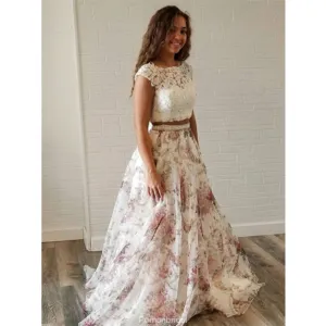 Two Piece Lace Top Beading Cap Sleeves Chiffon Prom Dress, PD0592
