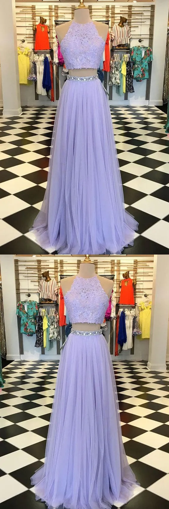 Two Pieces Floor-length Halter Sleeveless Beading Lavender Tulle Prom Dresses, PD0566