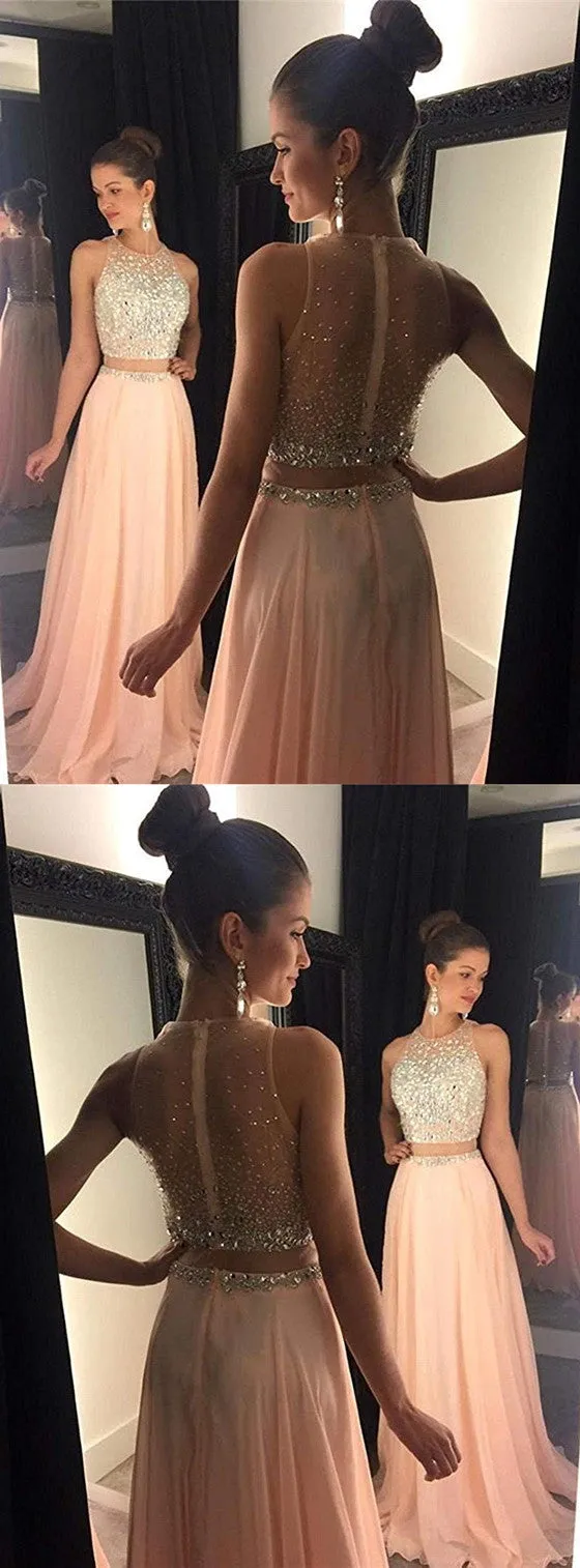 Two Pieces Round Neck Sleeveless Long Chiffon Beading Prom Dresses , PD0543