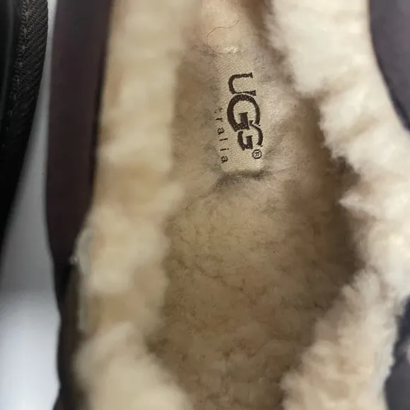 UGG Brown Leather Sheepskin Sherpa Lined Scuff Romeo Slippers Mens 14