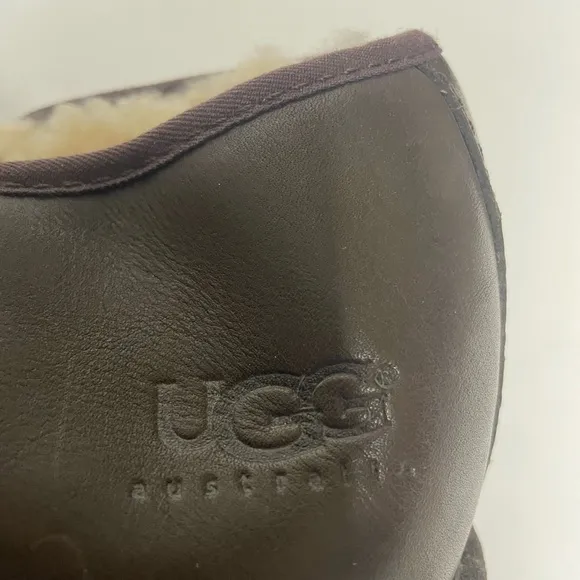 UGG Brown Leather Sheepskin Sherpa Lined Scuff Romeo Slippers Mens 14