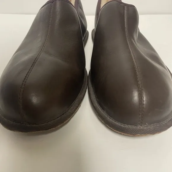 UGG Brown Leather Sheepskin Sherpa Lined Scuff Romeo Slippers Mens 14