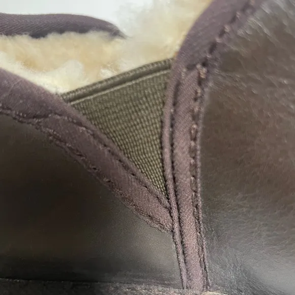 UGG Brown Leather Sheepskin Sherpa Lined Scuff Romeo Slippers Mens 14