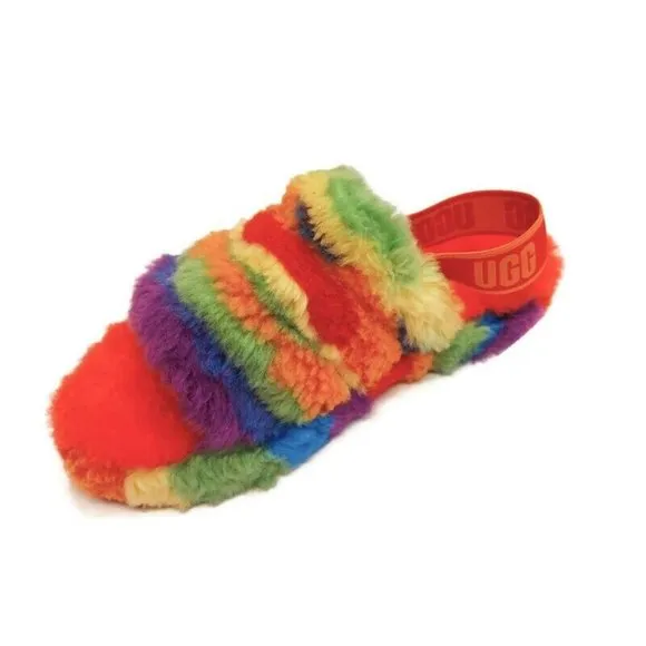 UGG Fluff Yeah Slide Cali Collage Backstrap Slippers Big Kids 4 Rainbow Stripes