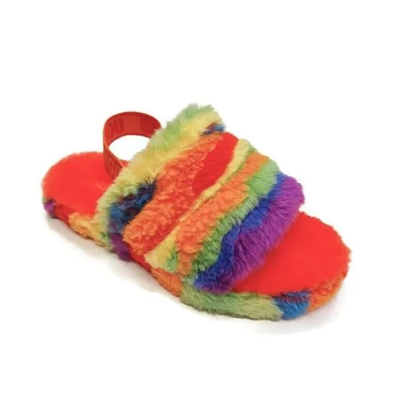 UGG Fluff Yeah Slide Cali Collage Backstrap Slippers Big Kids 4 Rainbow Stripes