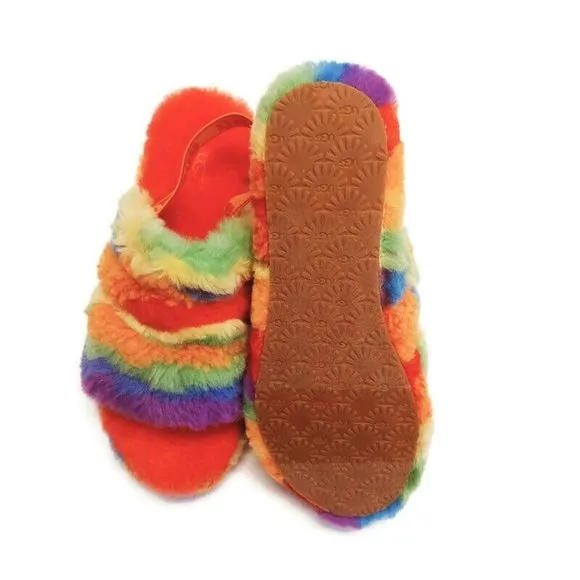 UGG Fluff Yeah Slide Cali Collage Backstrap Slippers Big Kids 4 Rainbow Stripes