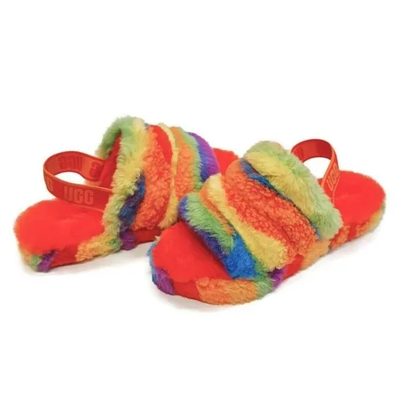 UGG Fluff Yeah Slide Cali Collage Backstrap Slippers Big Kids 4 Rainbow Stripes