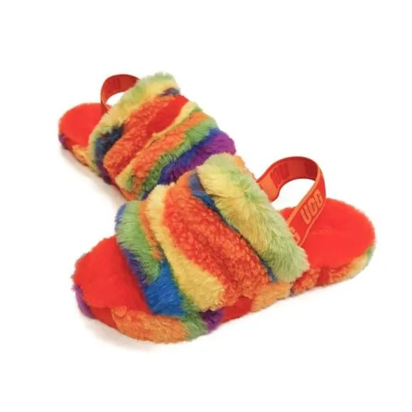 UGG Fluff Yeah Slide Cali Collage Backstrap Slippers Big Kids 4 Rainbow Stripes