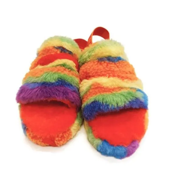 UGG Fluff Yeah Slide Cali Collage Backstrap Slippers Big Kids 4 Rainbow Stripes