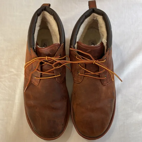 Ugg Men’s Fleece Lined Boots size 14 M Brown Leather Comfort Slippers Relaxed