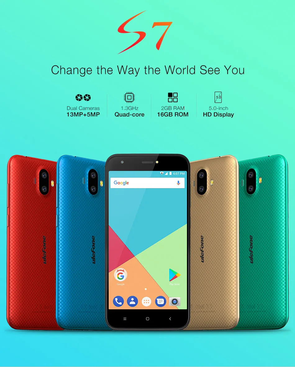 Ulefone S7 Pro Smartphone - 5.0 inch HD, Android 7.0,  MTK6580 Quad Core, 2GB RAM 16GB ROM, 13MP 5MP Dual Rear Cameras  - Black