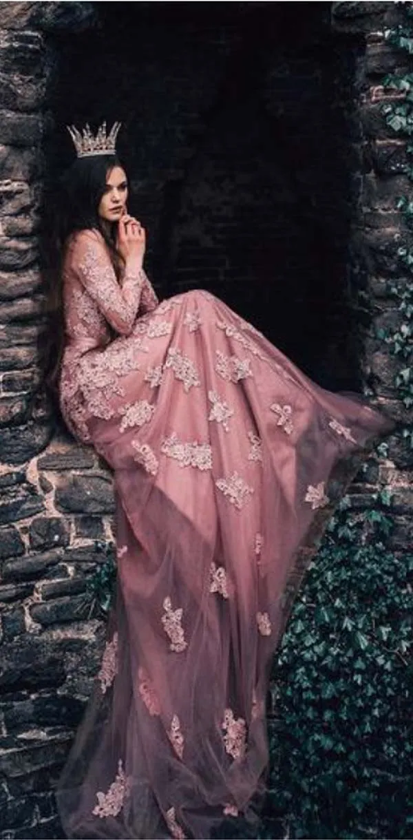 Unique New  Round Neck Formal Modest Long Sleeves A-line Prom Dresses With Lace Appliques,PD1346
