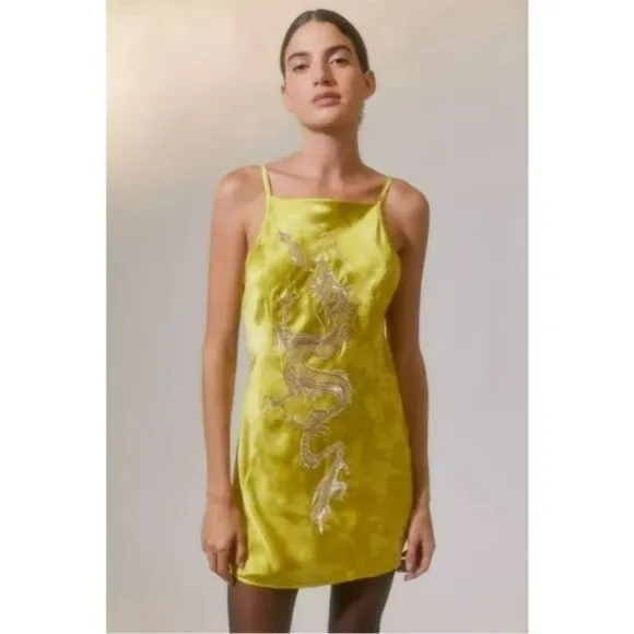 Urban Outfitters | Bird Song Mini Satin Party Dress New Medium Yellow Dragon