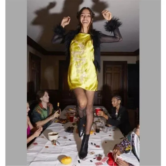 Urban Outfitters | Bird Song Mini Satin Party Dress New Medium Yellow Dragon